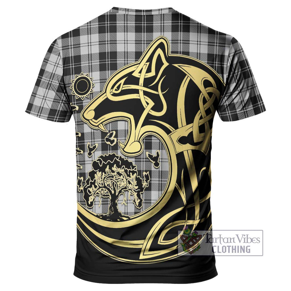 Erskine Black and White Tartan T-Shirt with Family Crest Celtic Wolf Style - Tartan Vibes Clothing