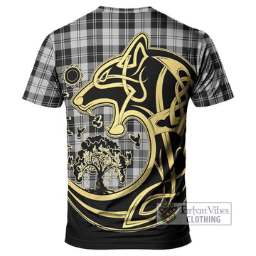 Erskine Black and White Tartan T-Shirt with Family Crest Celtic Wolf Style