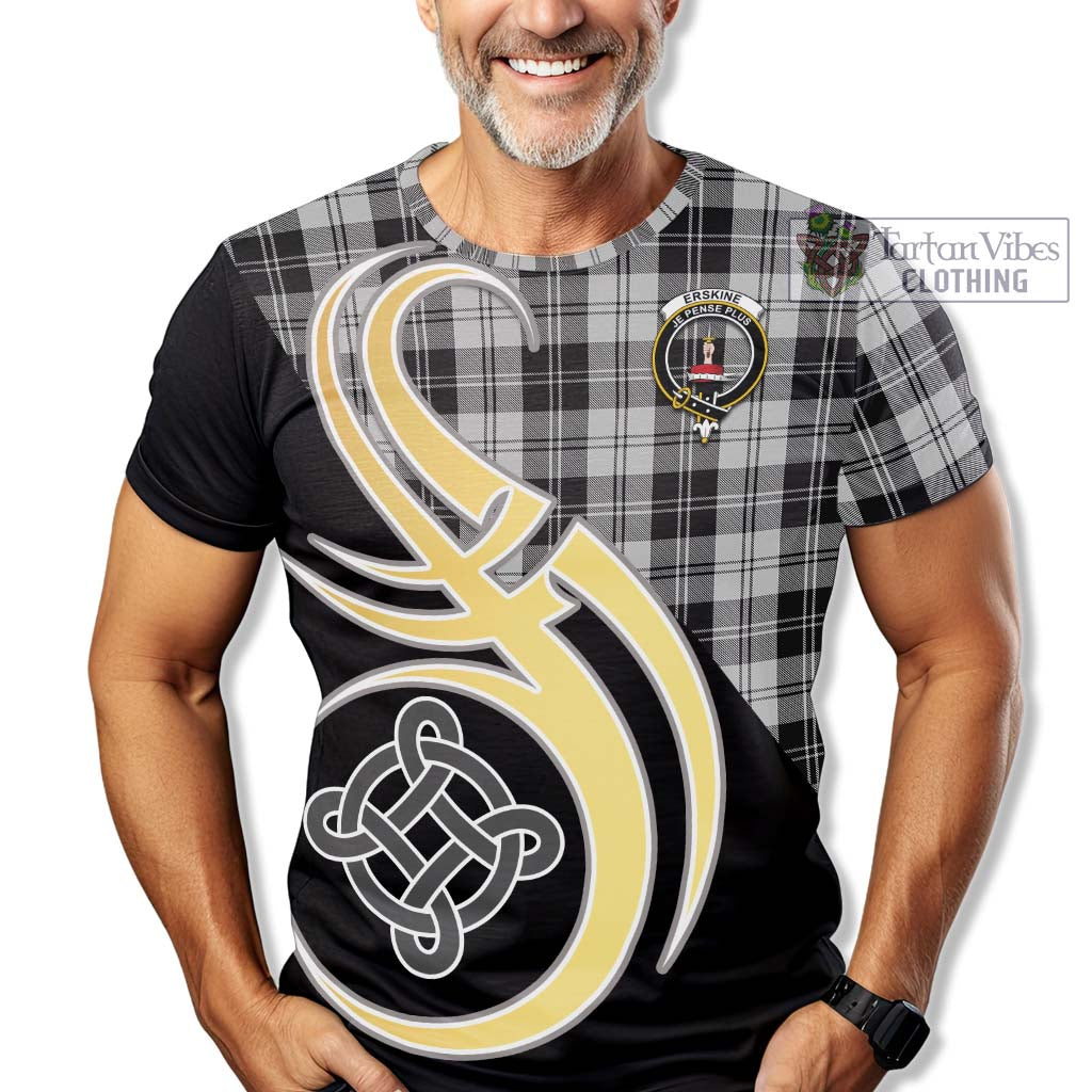 Tartan Vibes Clothing Erskine Black and White Tartan T-Shirt with Family Crest and Celtic Symbol Style