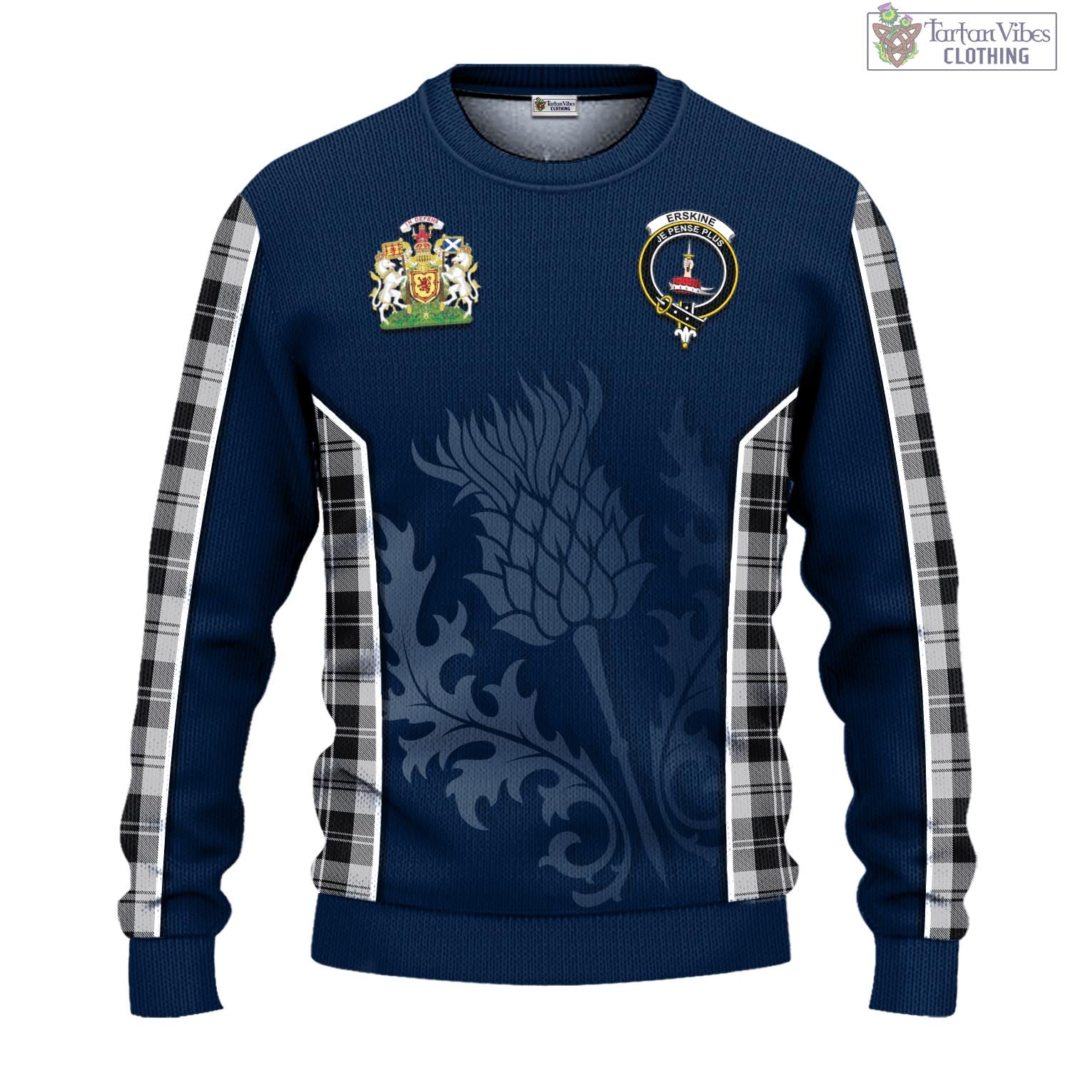 Tartan Vibes Clothing Erskine Black and White Tartan Knitted Sweatshirt with Family Crest and Scottish Thistle Vibes Sport Style