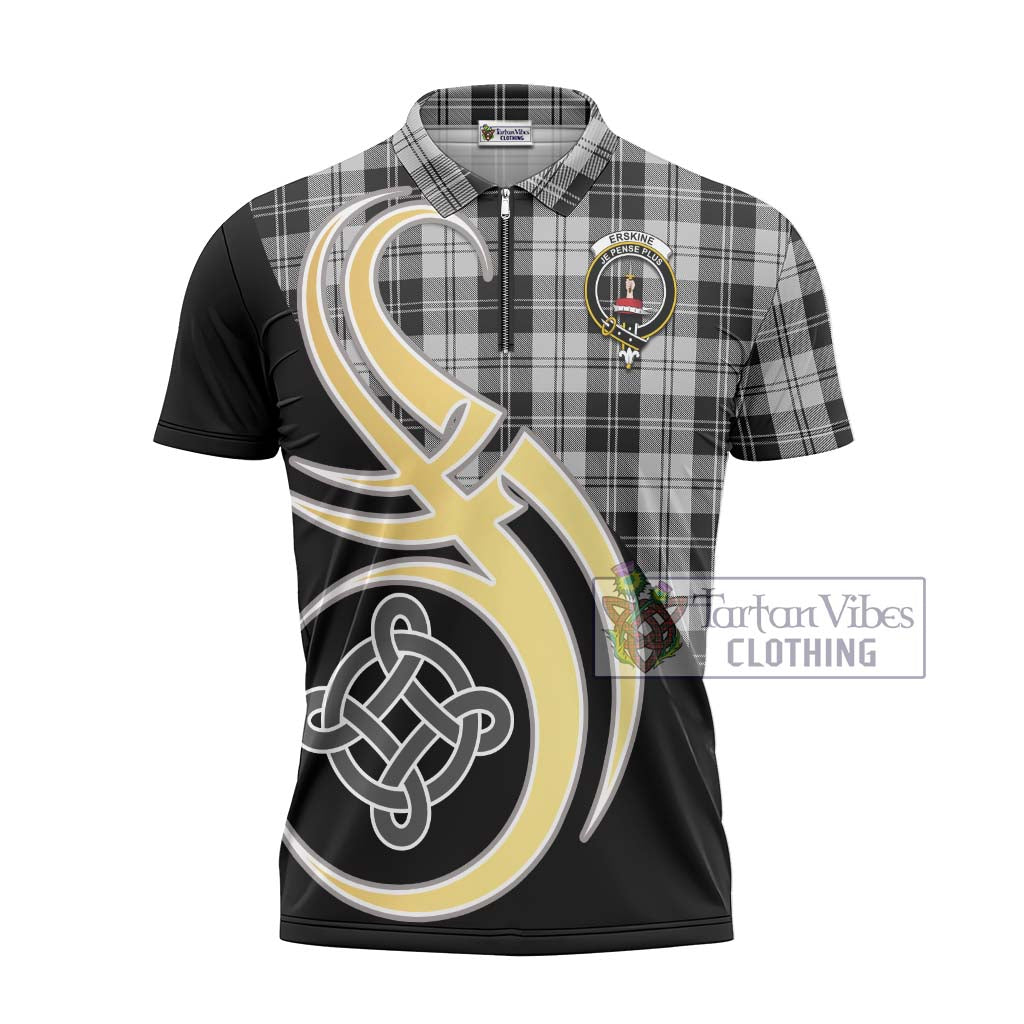 Tartan Vibes Clothing Erskine Black and White Tartan Zipper Polo Shirt with Family Crest and Celtic Symbol Style