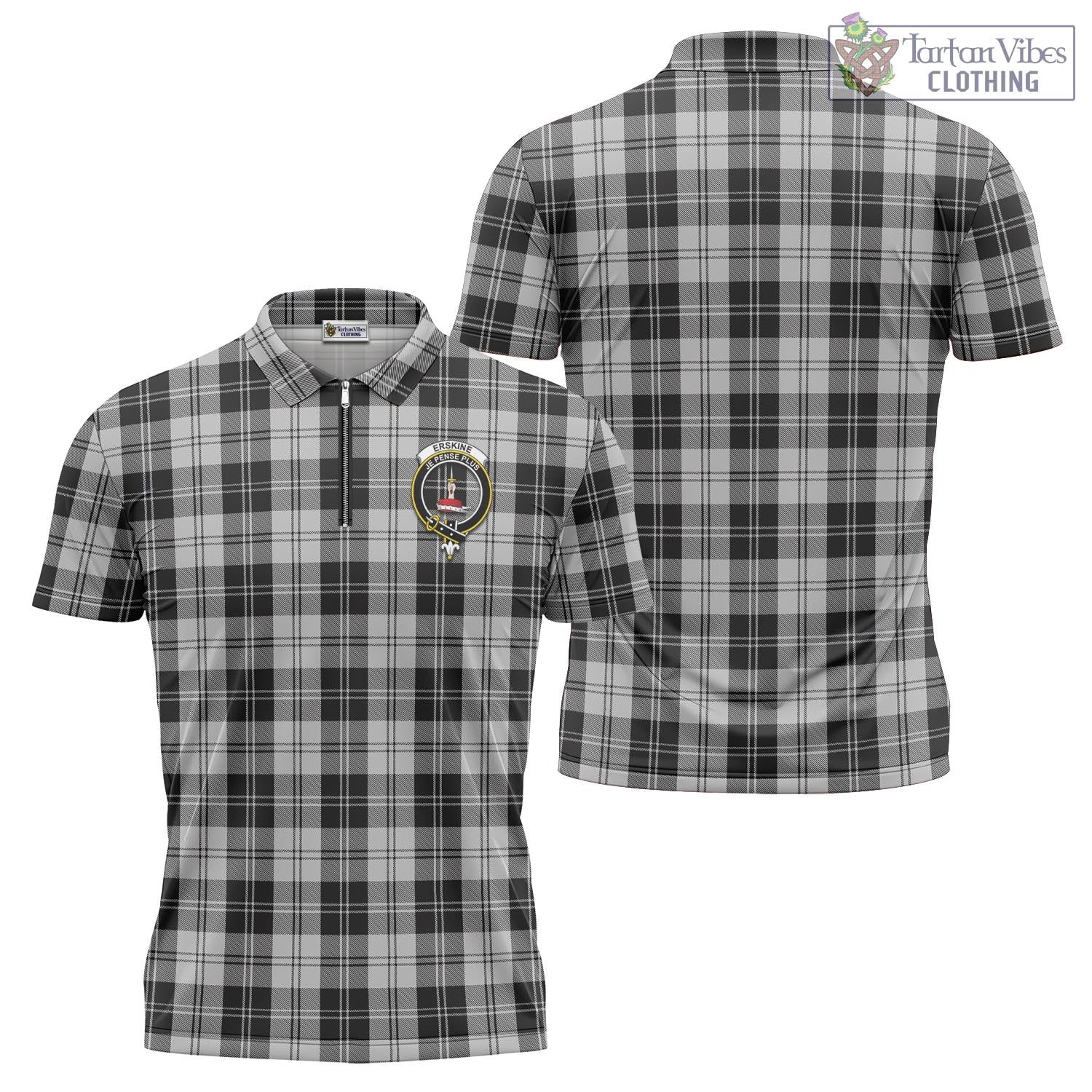 Tartan Vibes Clothing Erskine Black and White Tartan Zipper Polo Shirt with Family Crest