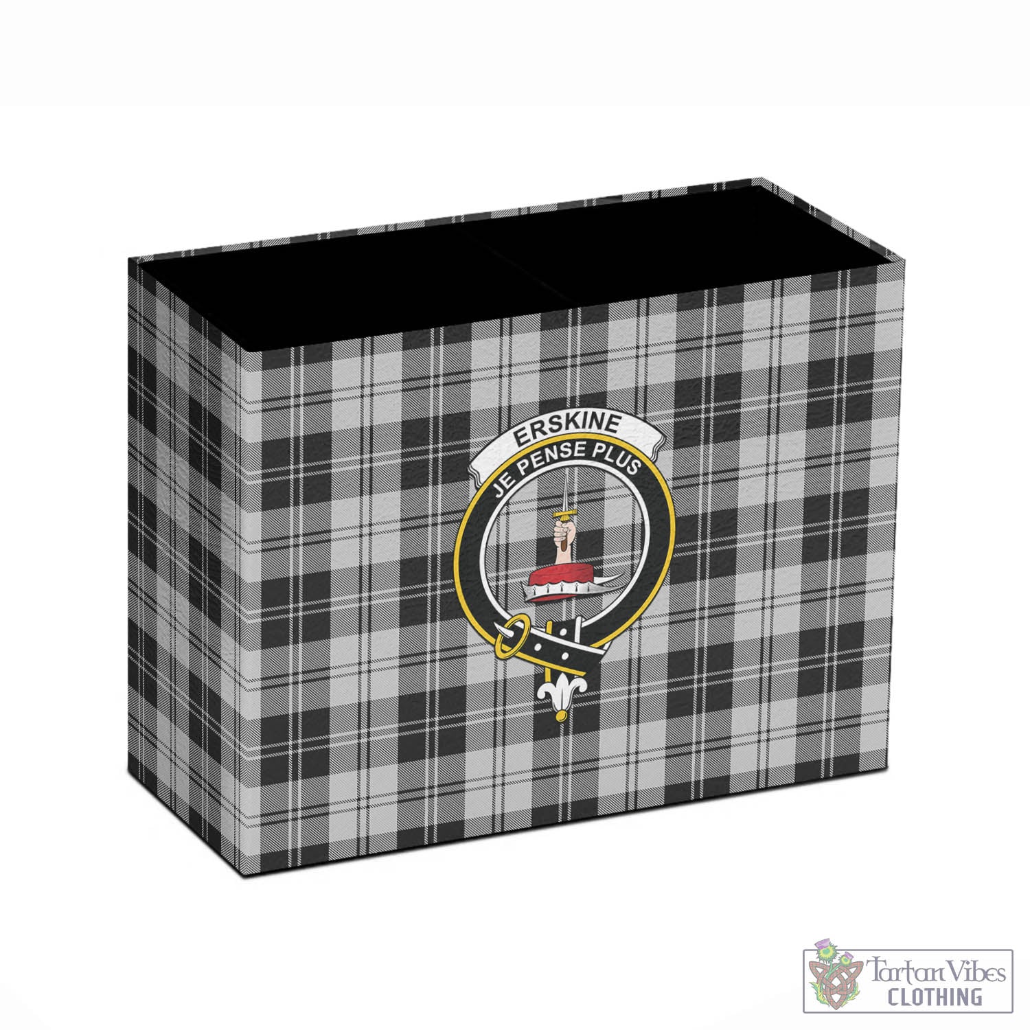 Tartan Vibes Clothing Erskine Black and White Tartan Pen Holder with Family Crest