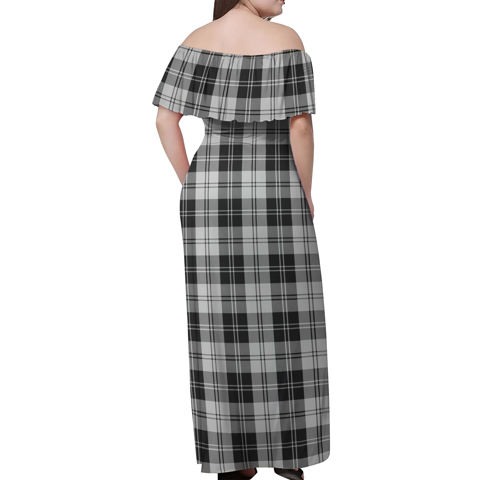 Erskine Black and White Tartan Off Shoulder Long Dress - Tartanvibesclothing