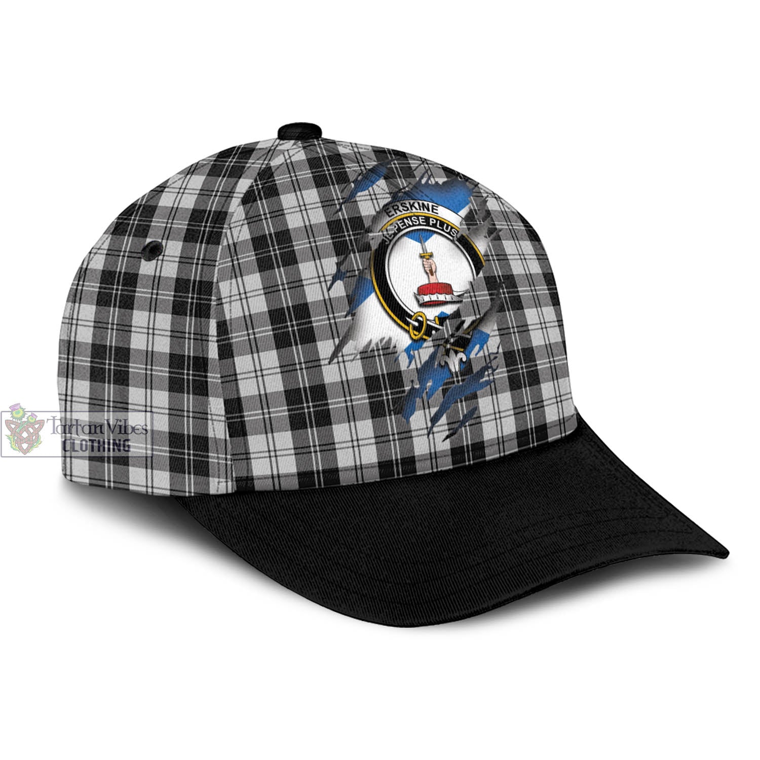 Tartan Vibes Clothing Erskine Black and White Tartan Classic Cap with Family Crest In Me Style