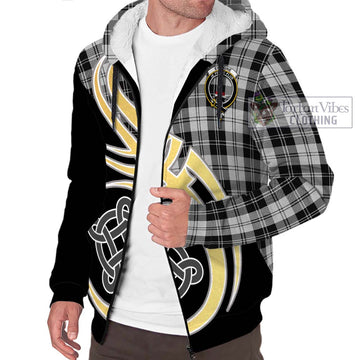 Erskine Black and White Tartan Sherpa Hoodie with Family Crest and Celtic Symbol Style