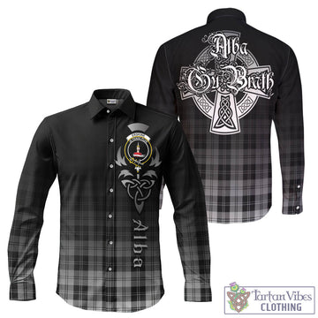 Erskine Black and White Tartan Long Sleeve Button Up Featuring Alba Gu Brath Family Crest Celtic Inspired