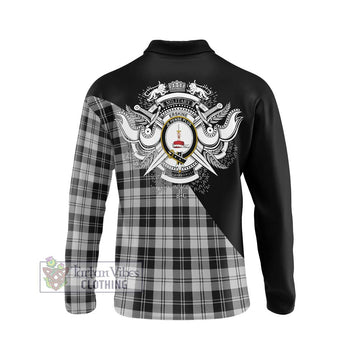 Erskine Black and White Tartan Long Sleeve Polo Shirt with Family Crest and Military Logo Style