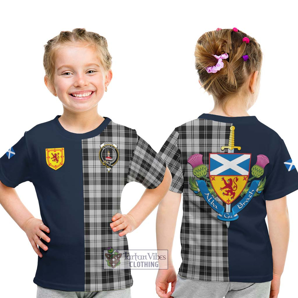 Tartan Vibes Clothing Erskine Black and White Tartan Kid T-Shirt with Scottish Lion Royal Arm Half Style