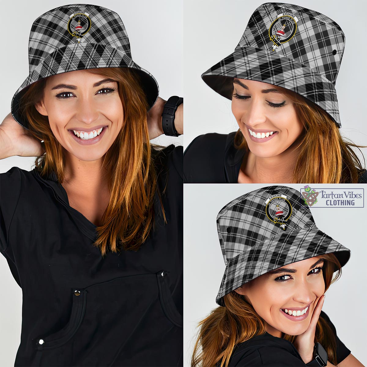 Tartan Vibes Clothing Erskine Black and White Tartan Bucket Hat with Family Crest