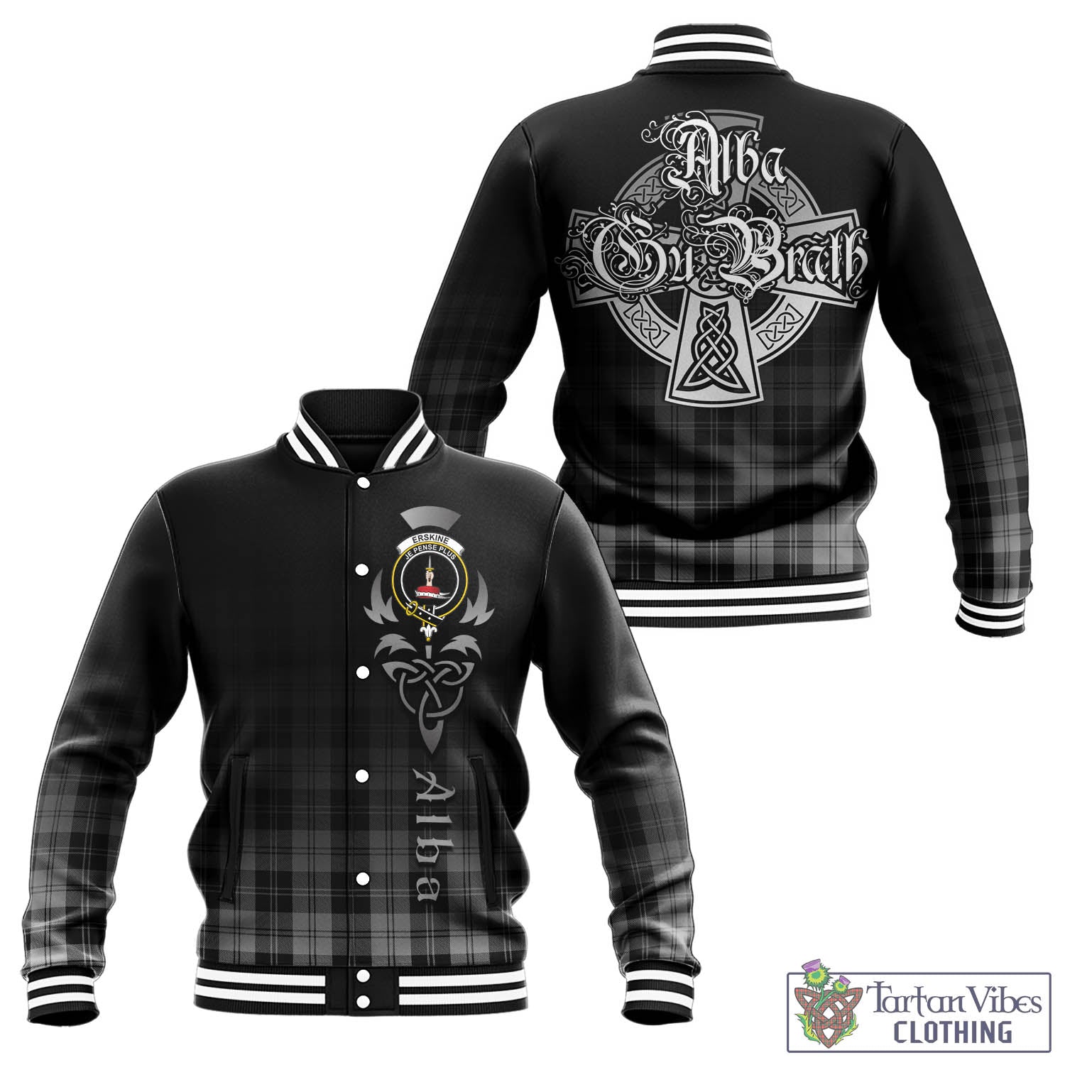 Tartan Vibes Clothing Erskine Black and White Tartan Baseball Jacket Featuring Alba Gu Brath Family Crest Celtic Inspired