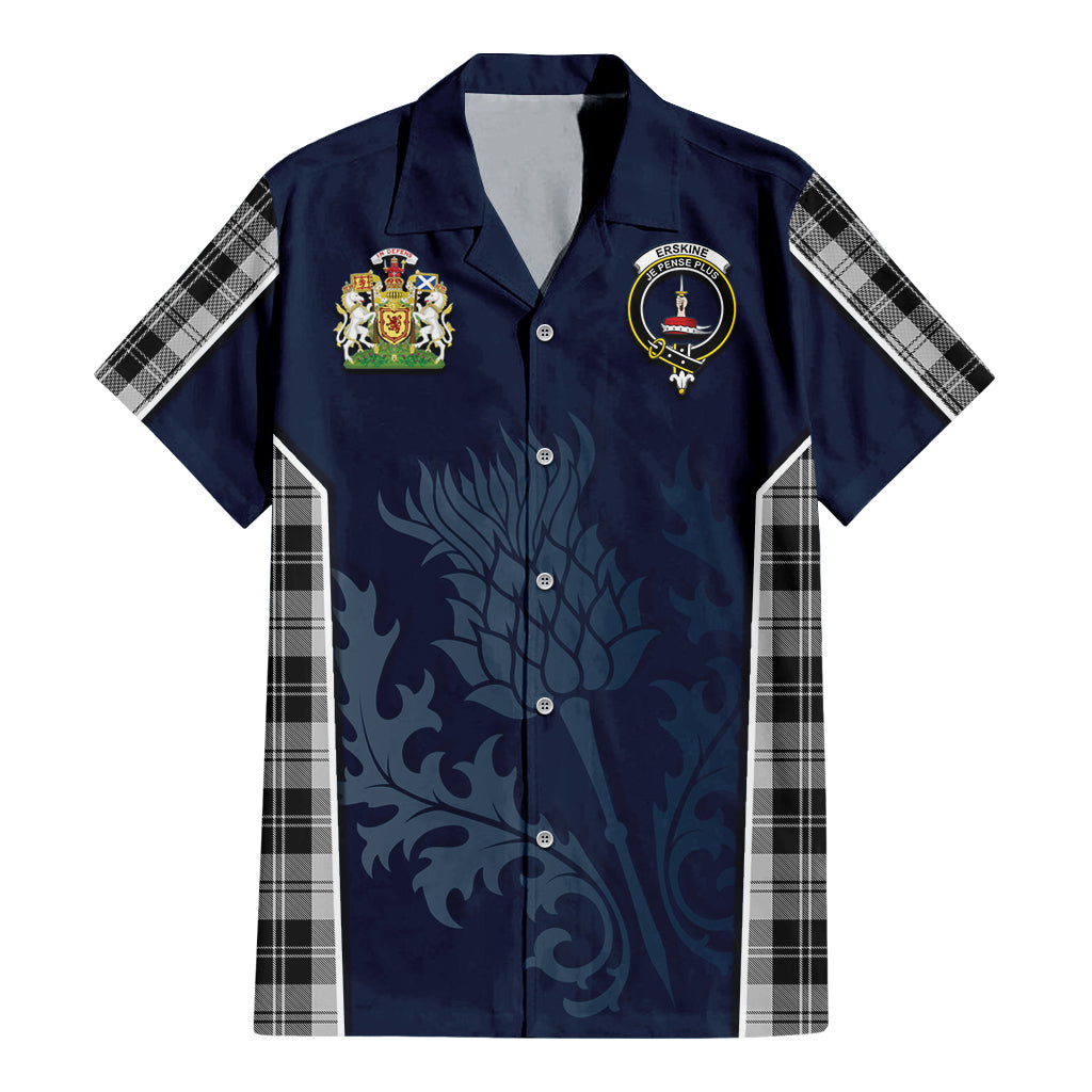 Tartan Vibes Clothing Erskine Black and White Tartan Short Sleeve Button Up Shirt with Family Crest and Scottish Thistle Vibes Sport Style