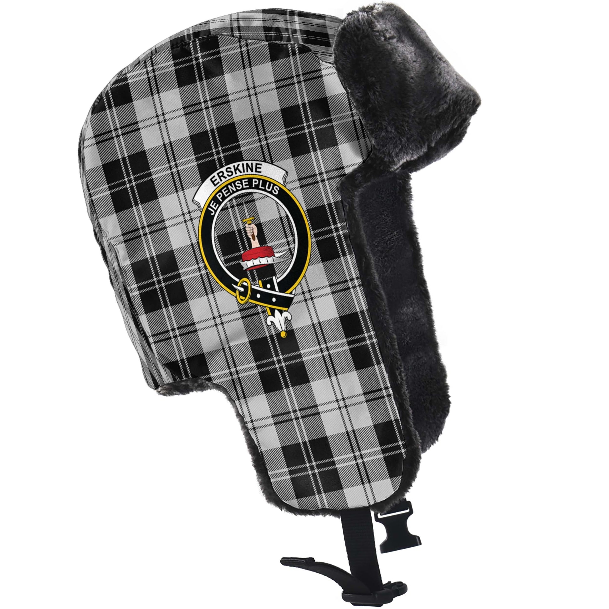 Erskine Black and White Tartan Winter Trapper Hat with Family Crest - Tartanvibesclothing