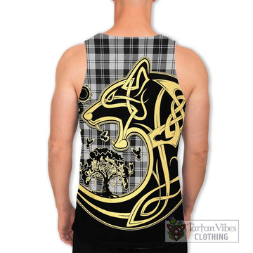 Erskine Black and White Tartan Men's Tank Top with Family Crest Celtic Wolf Style