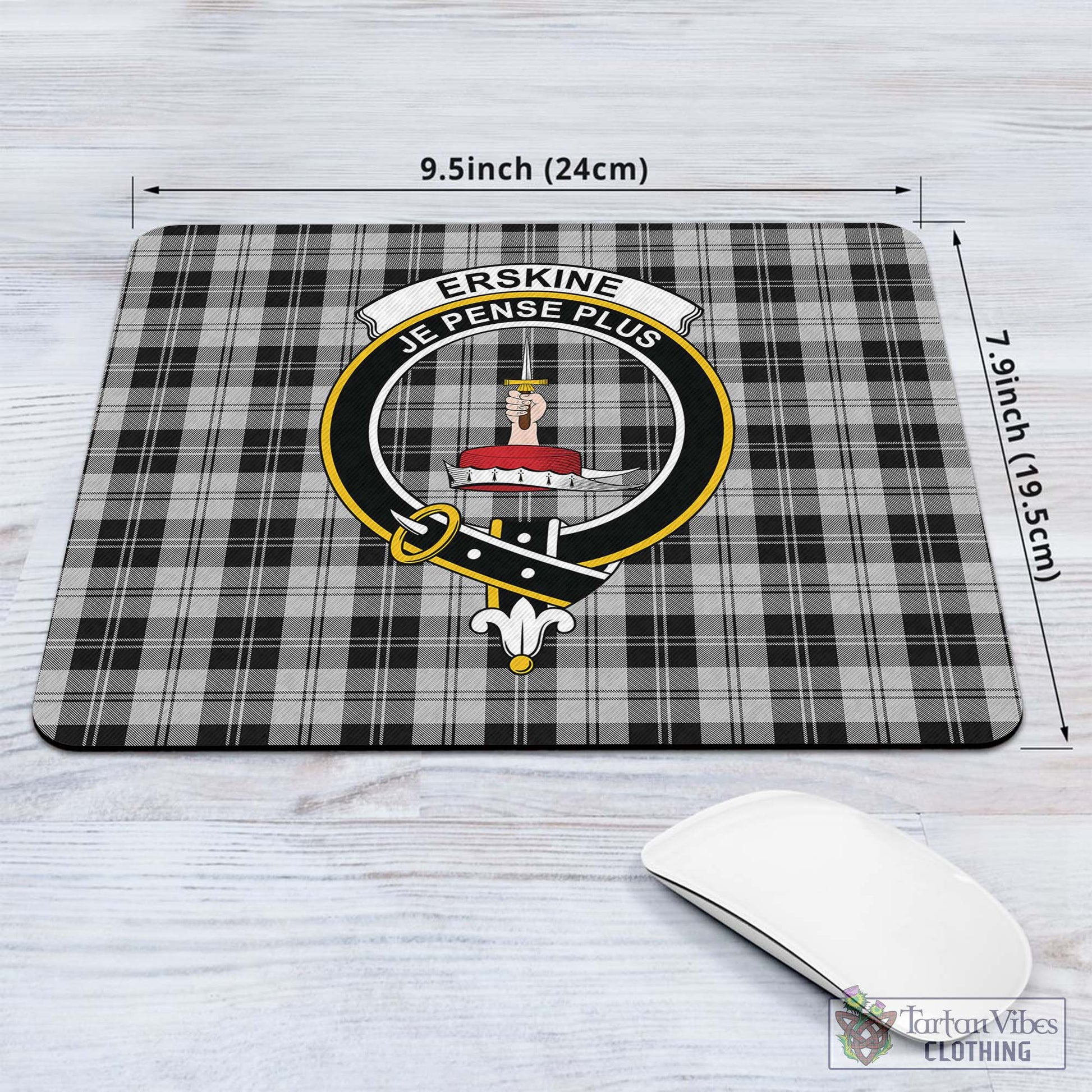 Tartan Vibes Clothing Erskine Black and White Tartan Mouse Pad with Family Crest