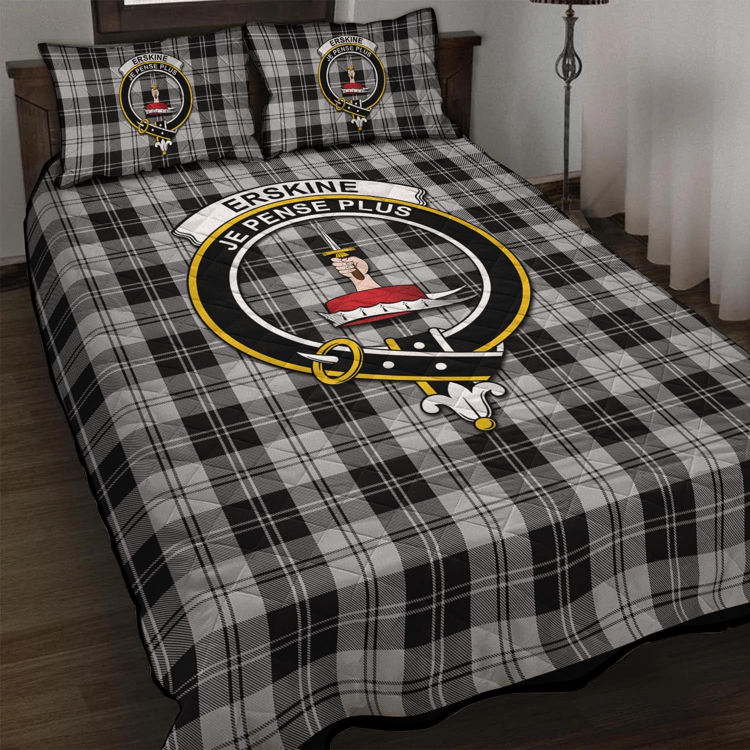 Erskine Black and White Tartan Quilt Bed Set with Family Crest - Tartan Vibes Clothing