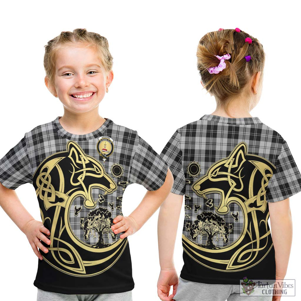 Erskine Black and White Tartan Kid T-Shirt with Family Crest Celtic Wolf Style - Tartan Vibes Clothing