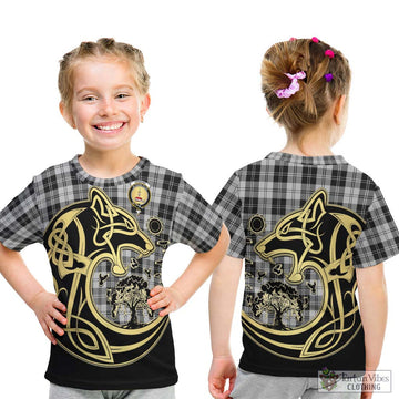 Erskine Black and White Tartan Kid T-Shirt with Family Crest Celtic Wolf Style