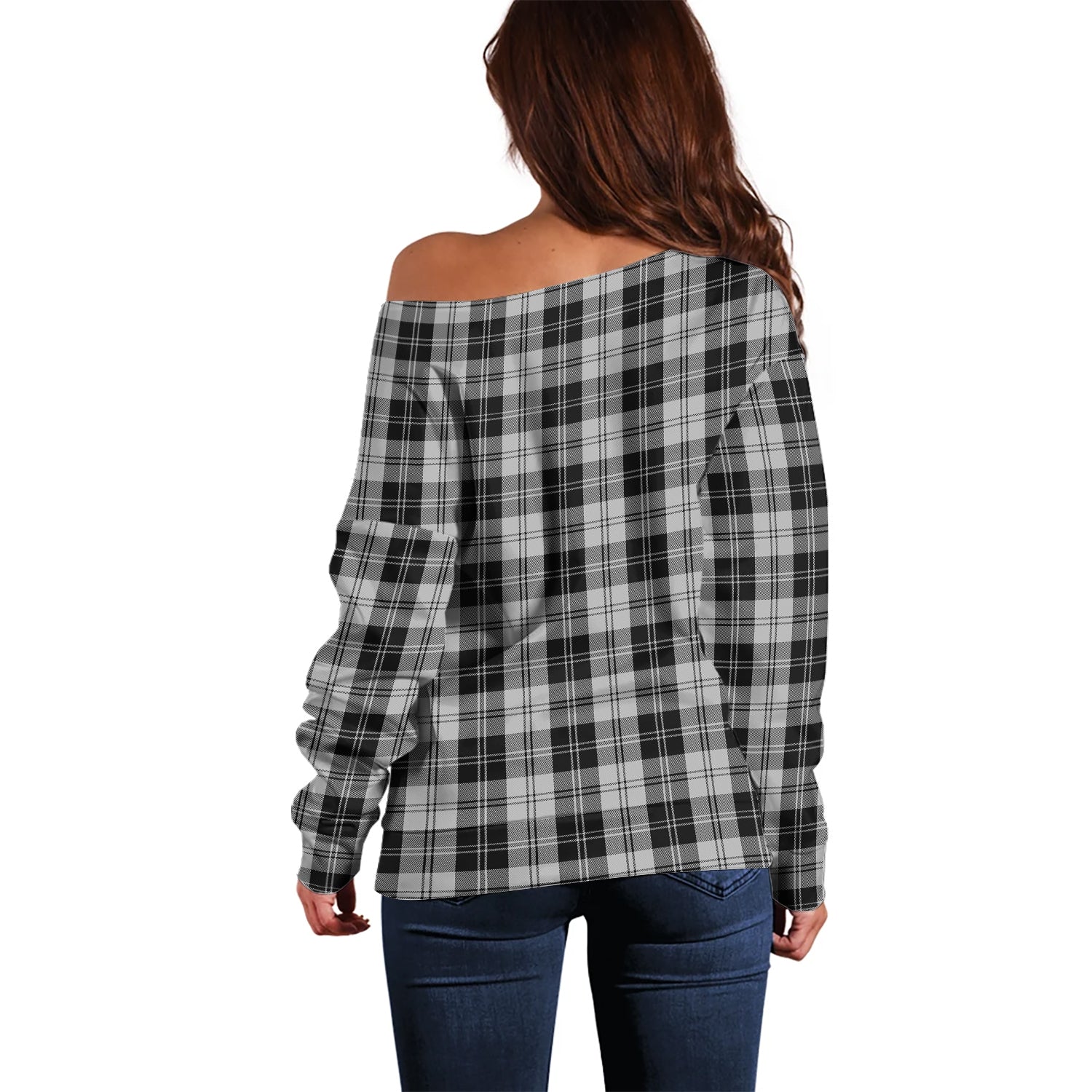 Erskine Black and White Tartan Off Shoulder Women Sweater with Family Crest - Tartanvibesclothing