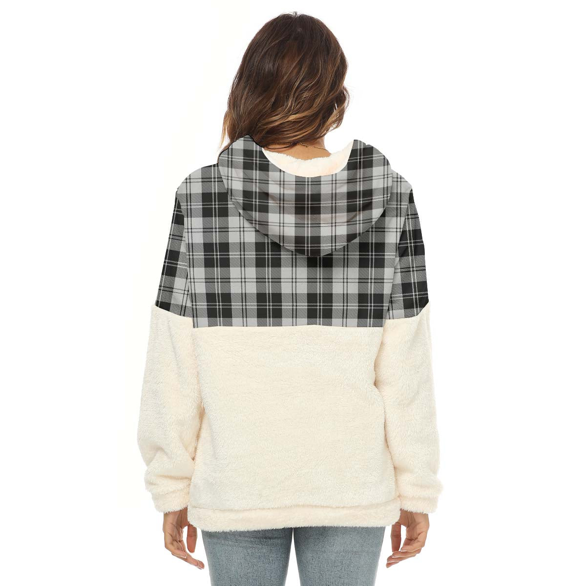 Erskine Black and White Tartan Women's Borg Fleece Hoodie With Half Zip - Tartanvibesclothing