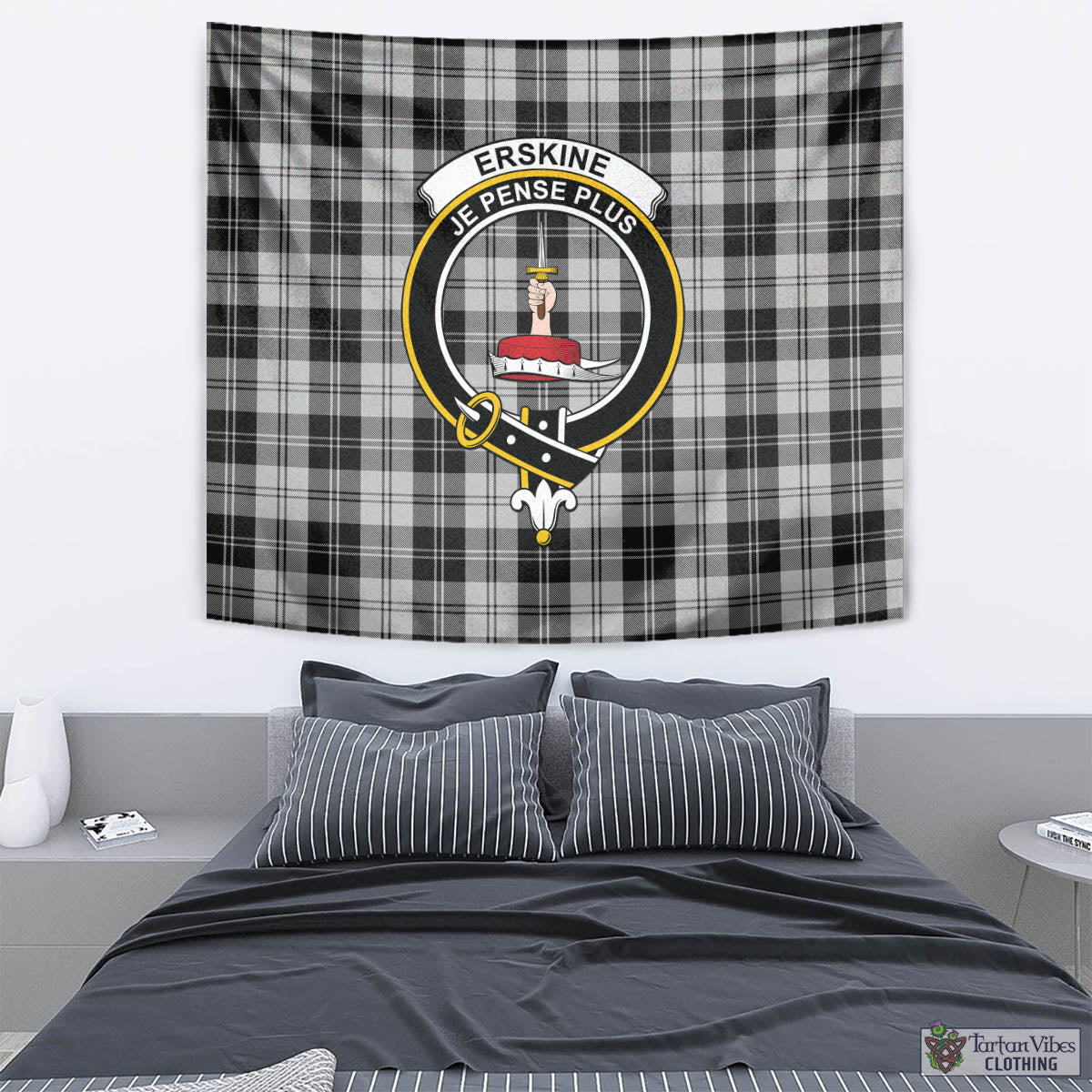 Tartan Vibes Clothing Erskine Black and White Tartan Tapestry Wall Hanging and Home Decor for Room with Family Crest