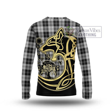 Erskine Black and White Tartan Long Sleeve T-Shirt with Family Crest Celtic Wolf Style