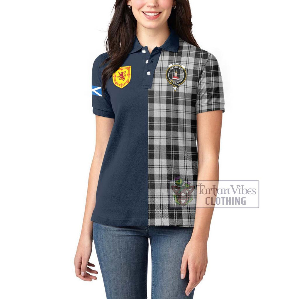 Tartan Vibes Clothing Erskine Black and White Tartan Women's Polo Shirt with Scottish Lion Royal Arm Half Style