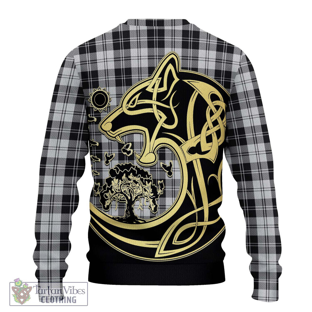 Erskine Black and White Tartan Knitted Sweater with Family Crest Celtic Wolf Style - Tartan Vibes Clothing