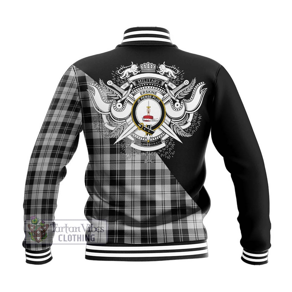 Erskine Black and White Tartan Baseball Jacket with Family Crest and Military Logo Style - Tartanvibesclothing Shop