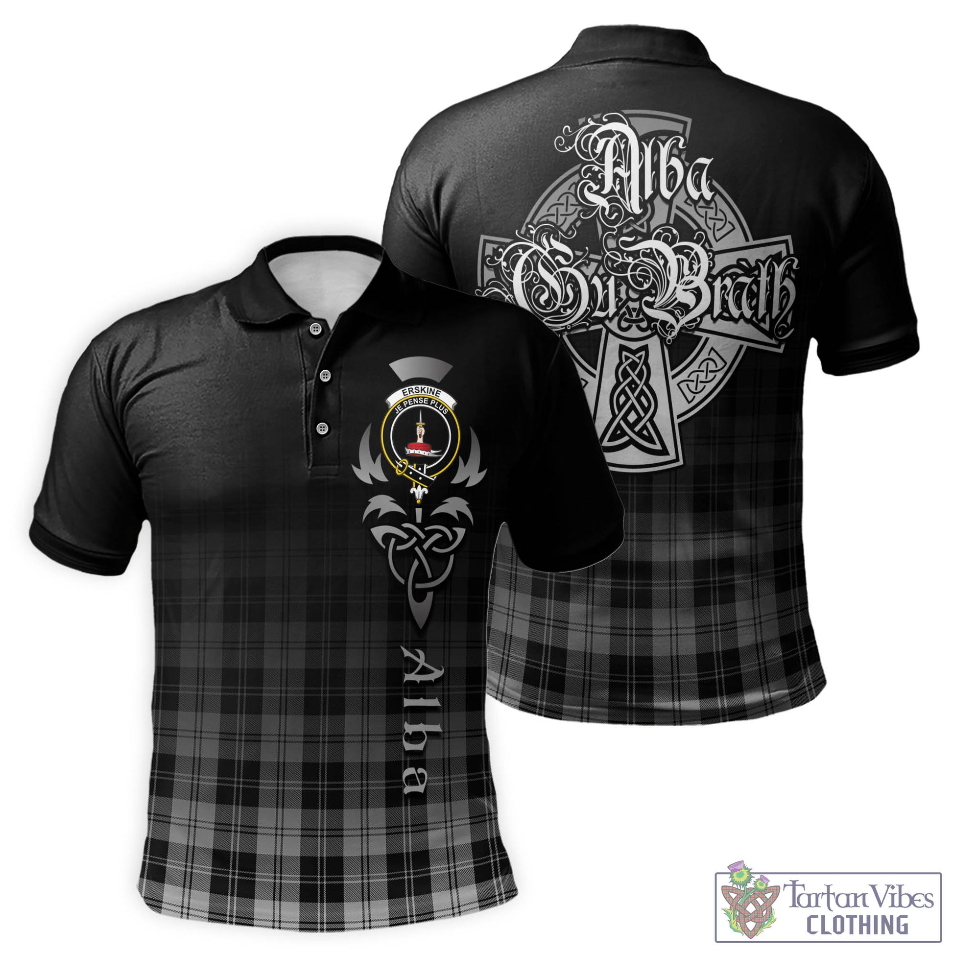 Tartan Vibes Clothing Erskine Black and White Tartan Polo Shirt Featuring Alba Gu Brath Family Crest Celtic Inspired