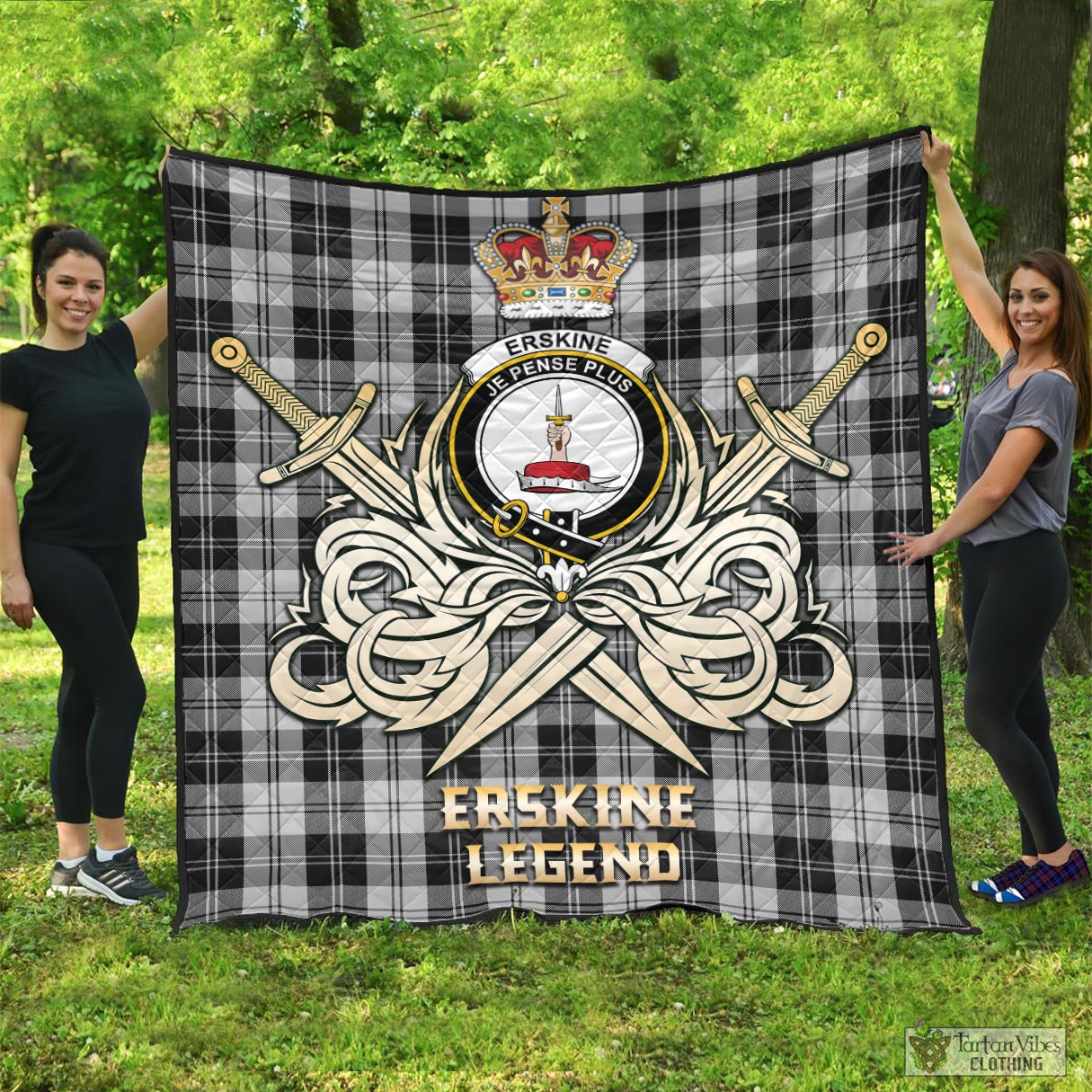 Tartan Vibes Clothing Erskine Black and White Tartan Quilt with Clan Crest and the Golden Sword of Courageous Legacy