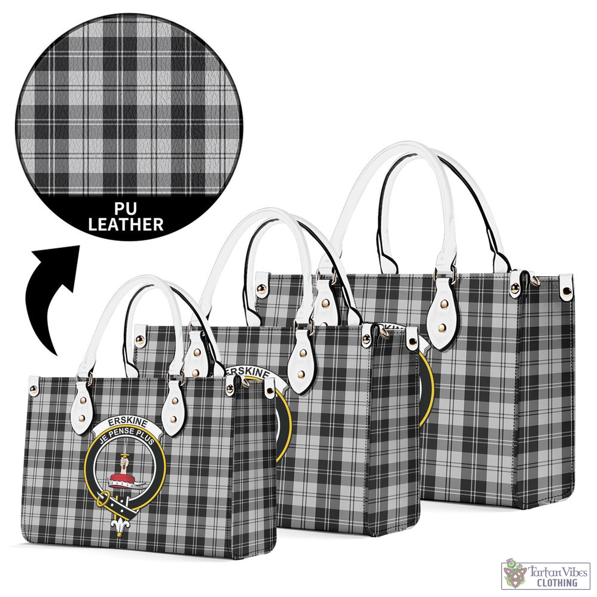 Tartan Vibes Clothing Erskine Black and White Tartan Luxury Leather Handbags with Family Crest