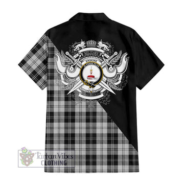 Erskine Black and White Tartan Short Sleeve Button Shirt with Family Crest and Military Logo Style