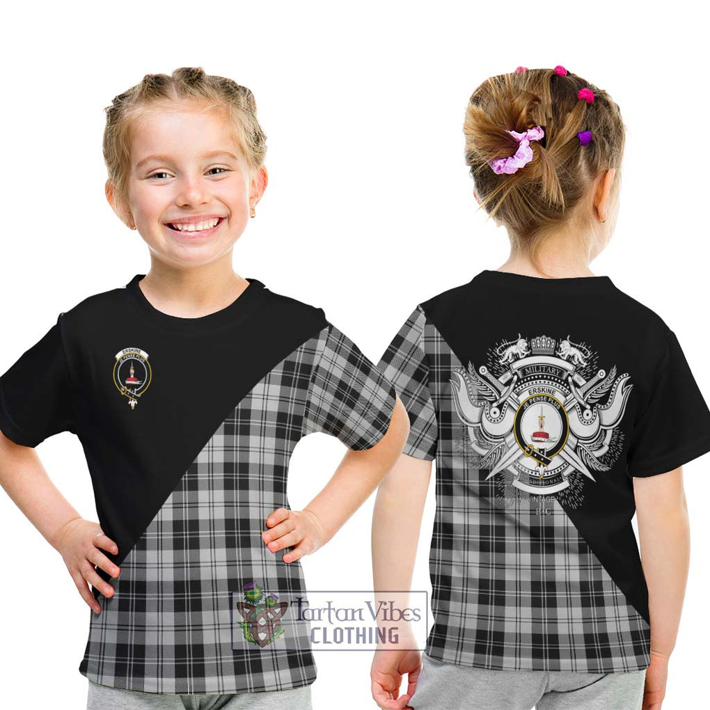 Erskine Black and White Tartan Kid T-Shirt with Family Crest and Military Logo Style - Tartanvibesclothing Shop