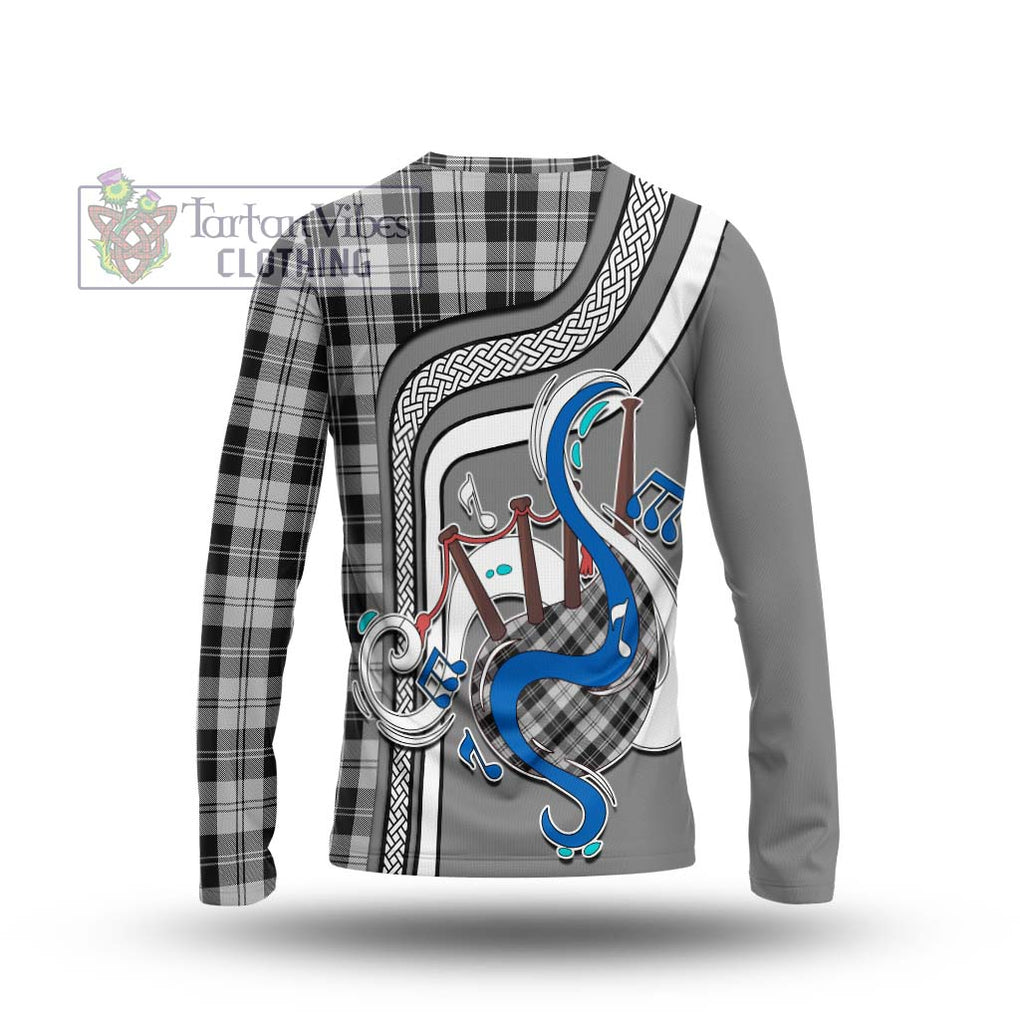 Tartan Vibes Clothing Erskine Black and White Tartan Long Sleeve T-Shirt with Epic Bagpipe Style