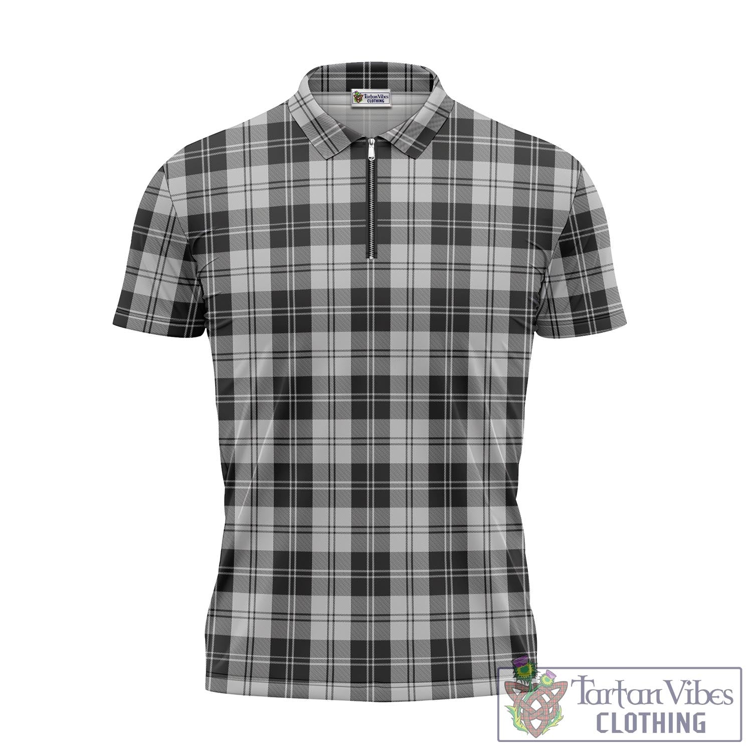 Tartan Vibes Clothing Erskine Black and White Tartan Zipper Polo Shirt