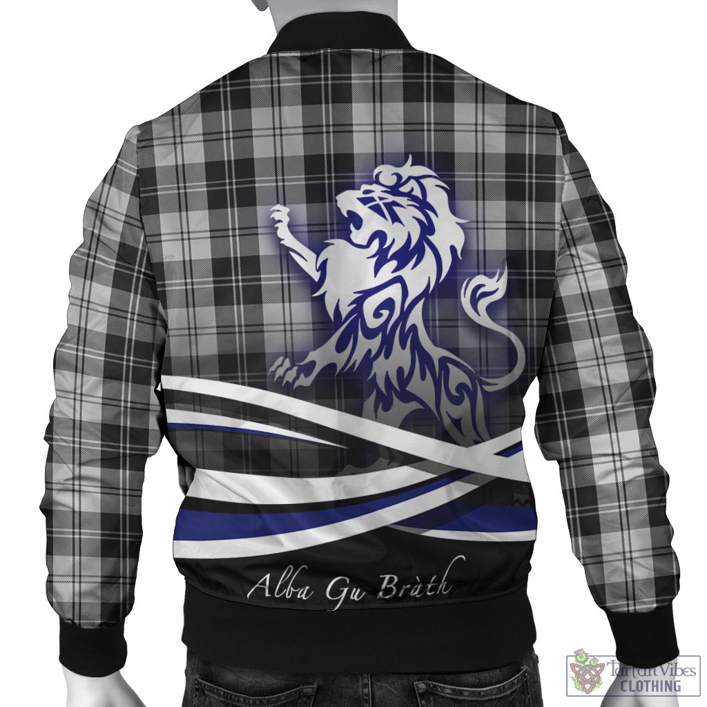 Tartan Vibes Clothing Erskine Black and White Tartan Bomber Jacket with Alba Gu Brath Regal Lion Emblem