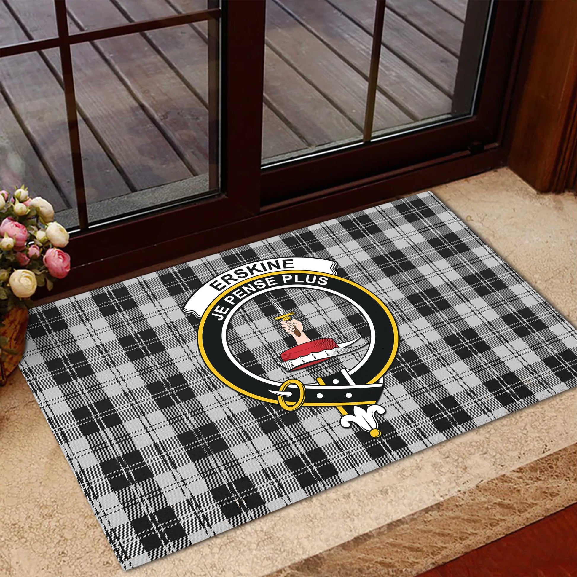 Erskine Black and White Tartan Door Mat with Family Crest - Tartanvibesclothing