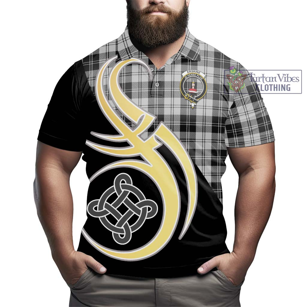 Erskine Black and White Tartan Polo Shirt with Family Crest and Celtic Symbol Style - Tartan Vibes Clothing