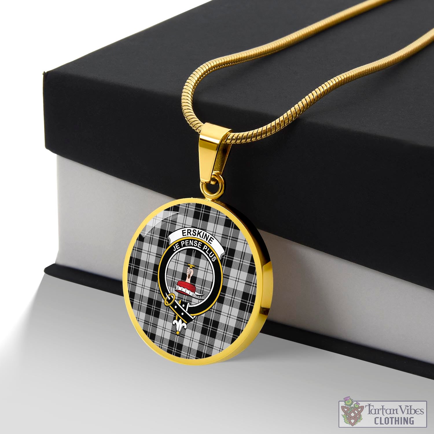 Tartan Vibes Clothing Erskine Black and White Tartan Circle Necklace with Family Crest