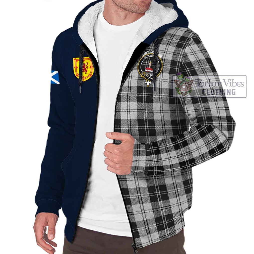 Tartan Vibes Clothing Erskine Black and White Tartan Sherpa Hoodie with Scottish Lion Royal Arm Half Style