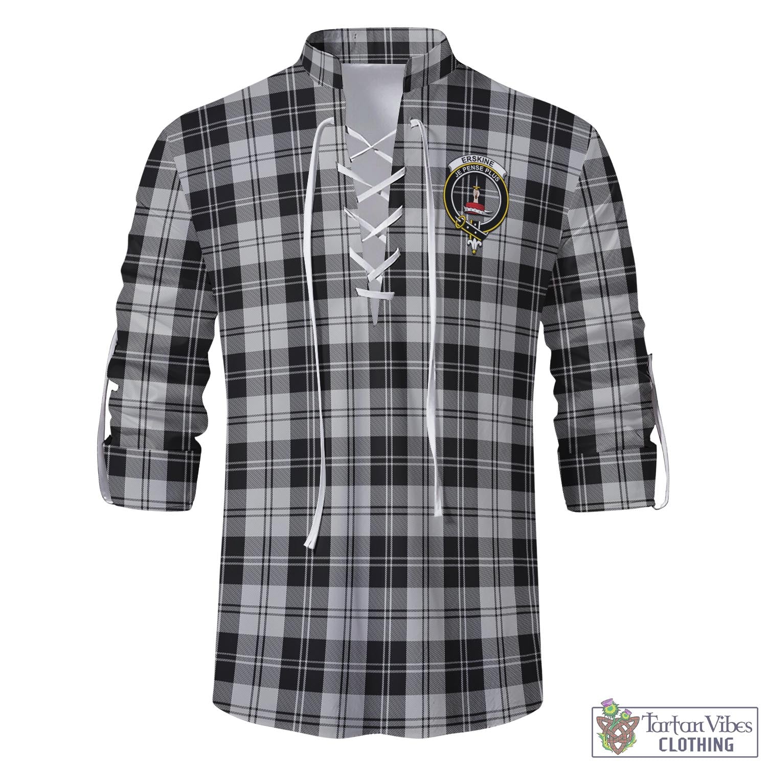 Tartan Vibes Clothing Erskine Black and White Tartan Men's Scottish Traditional Jacobite Ghillie Kilt Shirt with Family Crest