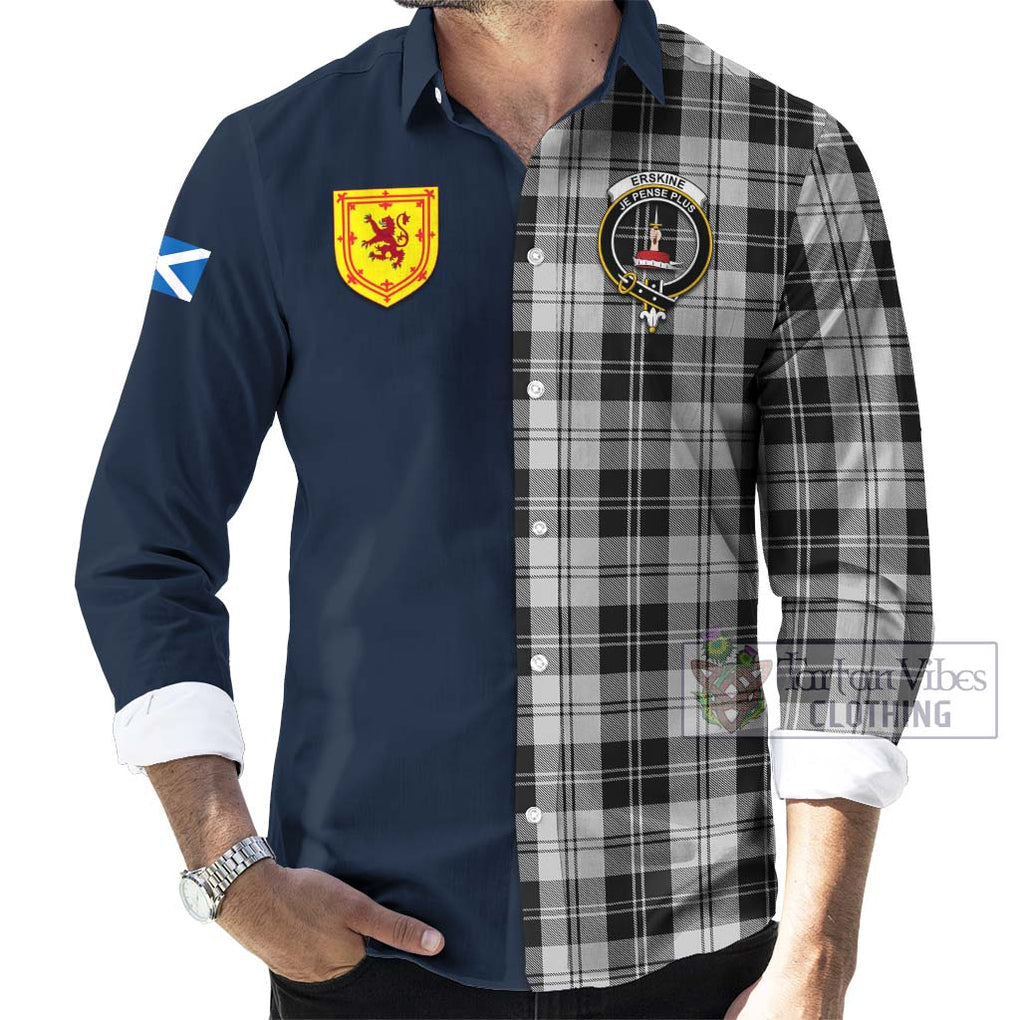 Tartan Vibes Clothing Erskine Black and White Tartan Long Sleeve Button Shirt with Scottish Lion Royal Arm Half Style