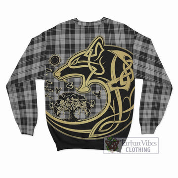 Erskine Black and White Tartan Sweatshirt with Family Crest Celtic Wolf Style