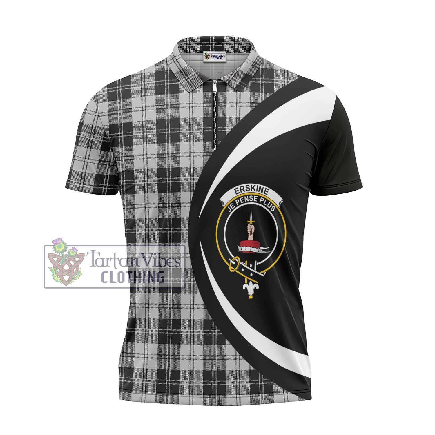 Tartan Vibes Clothing Erskine Black and White Tartan Zipper Polo Shirt with Family Crest Circle Style