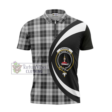 Erskine Black and White Tartan Zipper Polo Shirt with Family Crest Circle Style