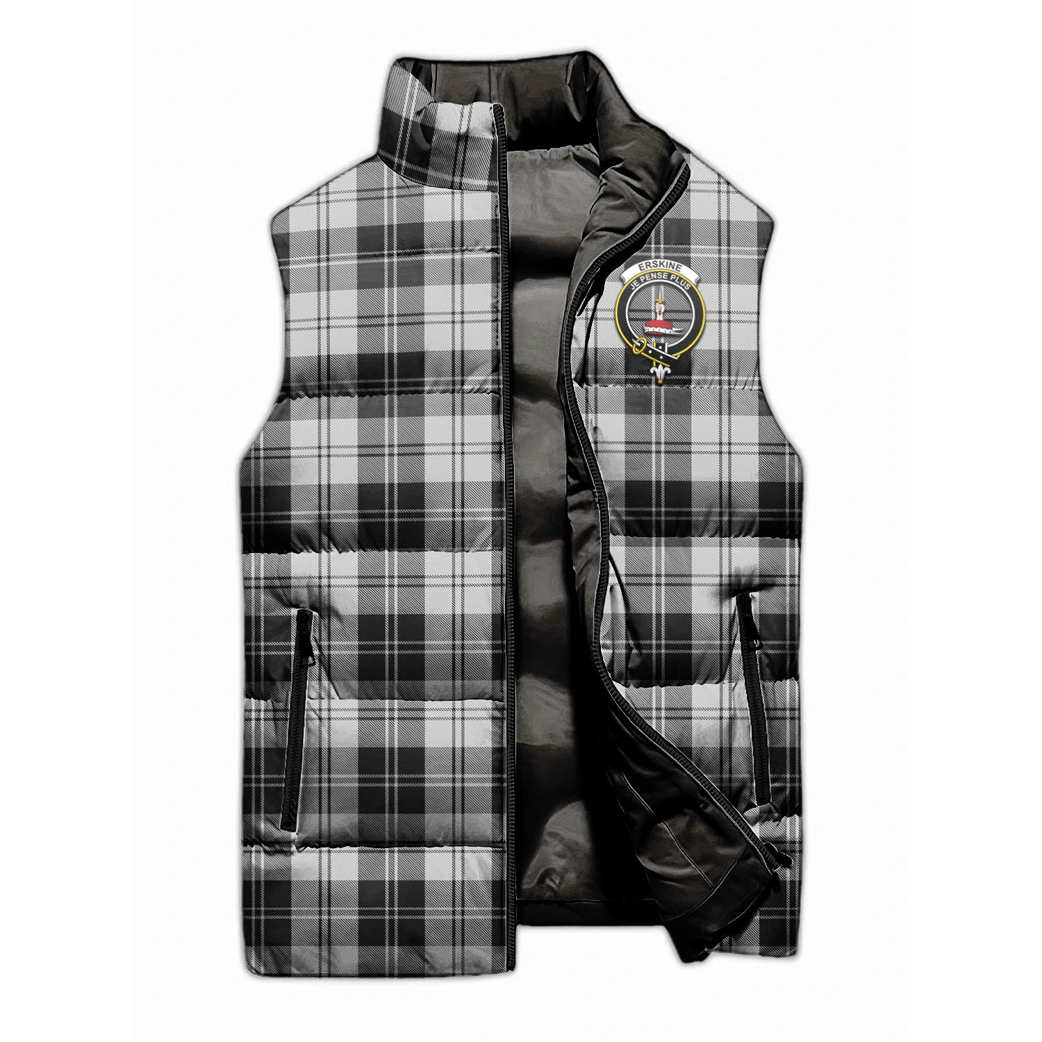 Erskine Black and White Tartan Sleeveless Puffer Jacket with Family Crest - Tartanvibesclothing