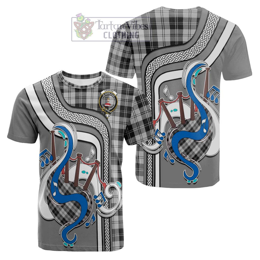 Tartan Vibes Clothing Erskine Black and White Tartan Cotton T-shirt with Epic Bagpipe Style