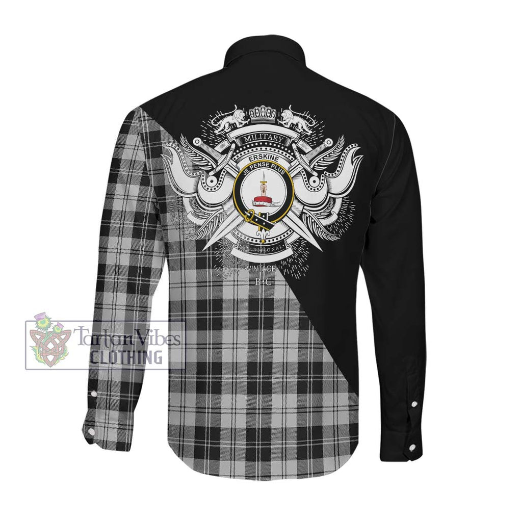 Erskine Black and White Tartan Long Sleeve Button Shirt with Family Crest and Military Logo Style Men's Shirt - Tartanvibesclothing Shop