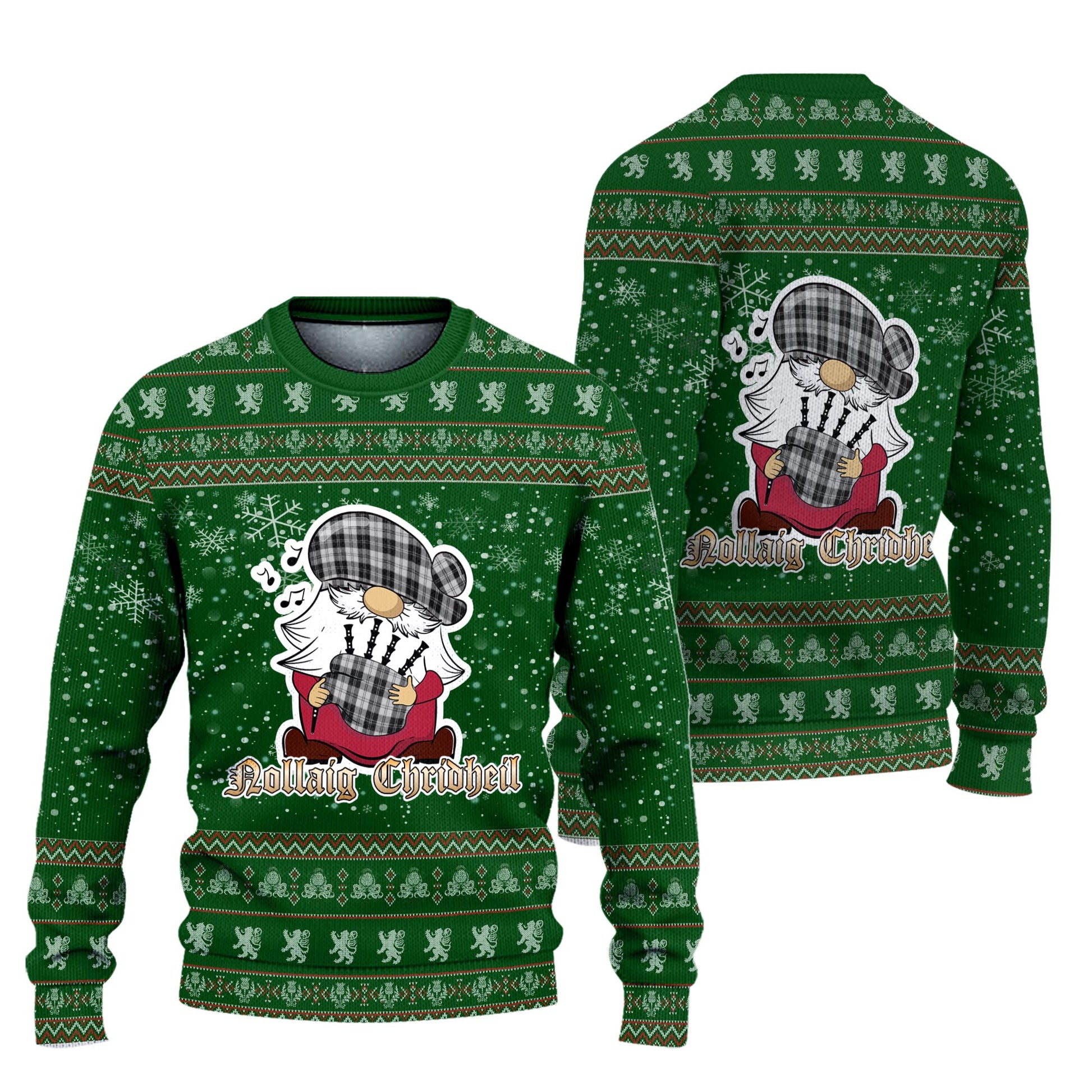 Erskine Black and White Clan Christmas Family Knitted Sweater with Funny Gnome Playing Bagpipes Unisex Green - Tartanvibesclothing